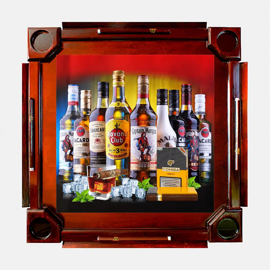 Wooden Domino Table — Dark Finish Wood / Rum Bottles