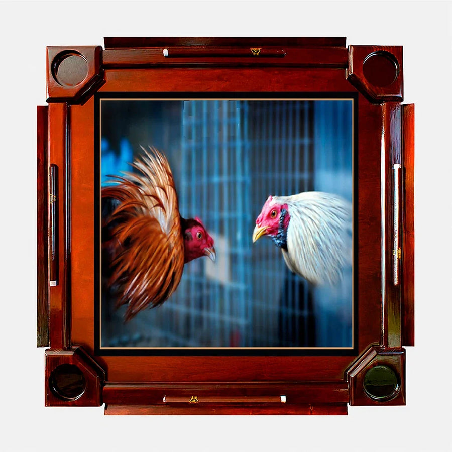 Wooden Domino Table — Dark Finish Wood / Two Roosters