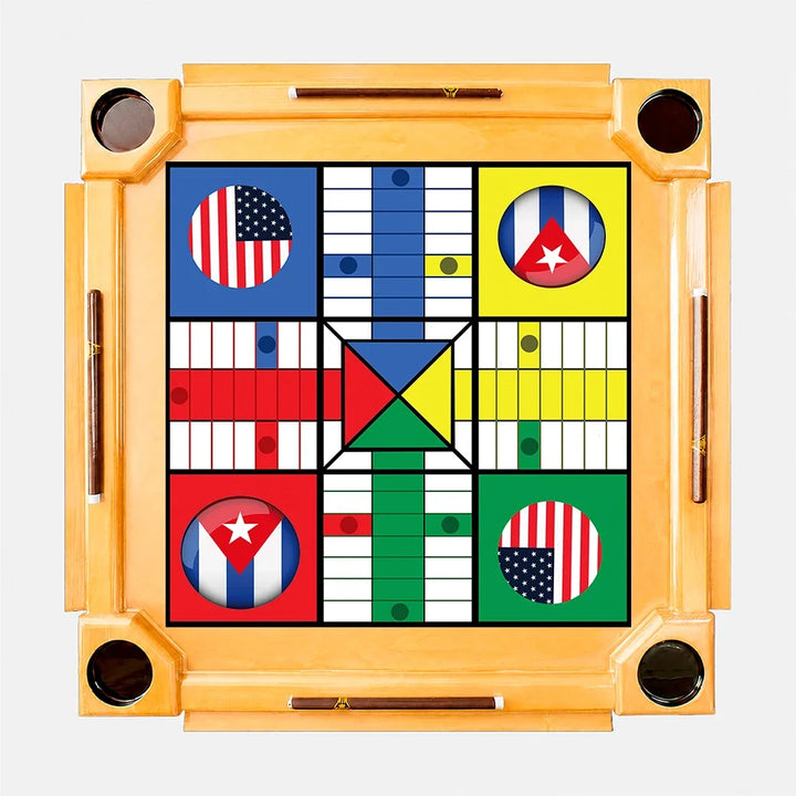 Wooden Domino Table — Natural Finish Wood / Parcheesi Board