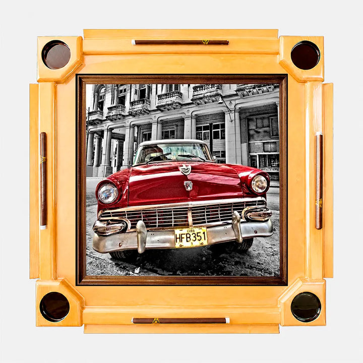 Wooden Domino Table — Natural Finish Wood / Red Car