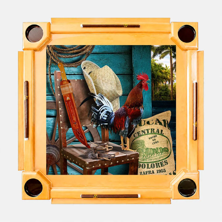 Wooden Domino Table — Natural Finish Wood / Rooster