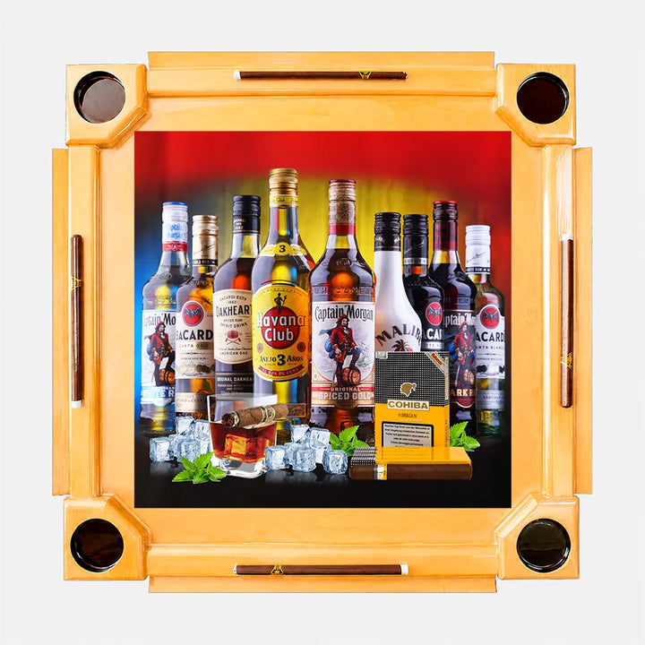 Wooden Domino Table — Natural Finish Wood / Rum Bottles