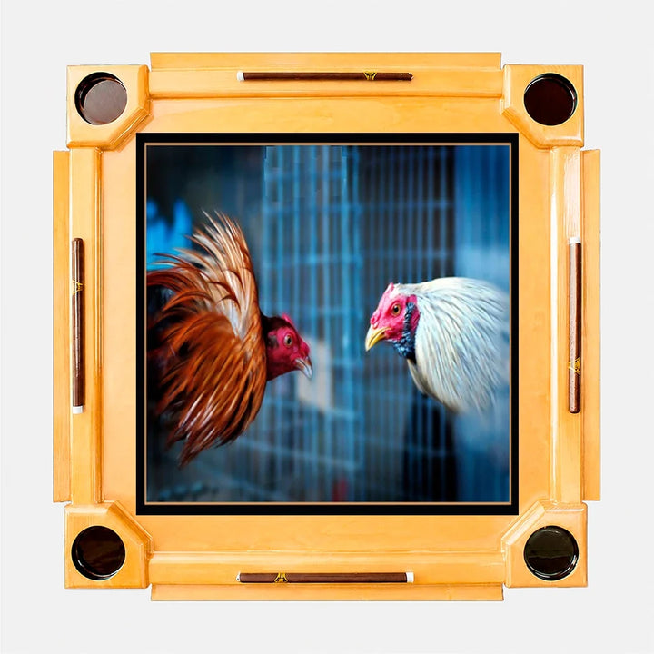 Wooden Domino Table — Natural Finish Wood / Two Roosters